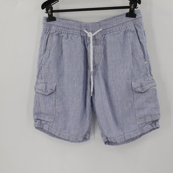 Vilebrequin Cargo Shorts mens Large 9.5" Linen Blue white striped drawstring - Picture 1 of 12
